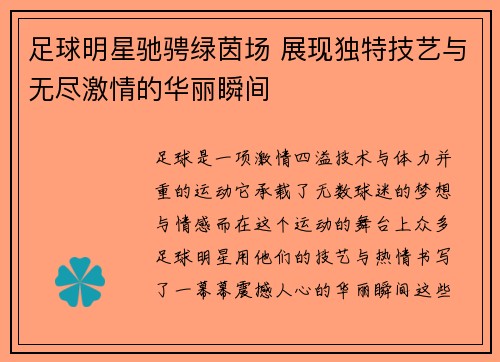 足球明星驰骋绿茵场 展现独特技艺与无尽激情的华丽瞬间