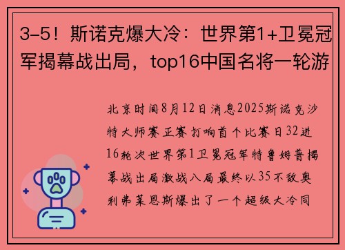 3-5！斯诺克爆大冷：世界第1+卫冕冠军揭幕战出局，top16中国名将一轮游