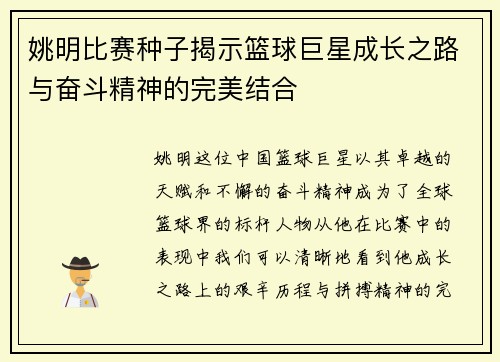 姚明比赛种子揭示篮球巨星成长之路与奋斗精神的完美结合